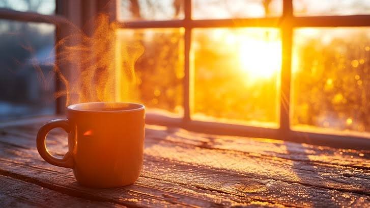 Morning coffee cup beside a window with warm sunlight for an Instagram post