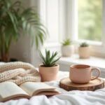 Aesthetic morning Instagram scene with sunlight, coffee, and a peaceful bedroom