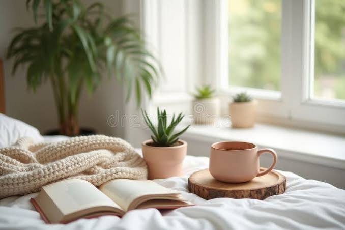 Aesthetic morning Instagram scene with sunlight, coffee, and a peaceful bedroom