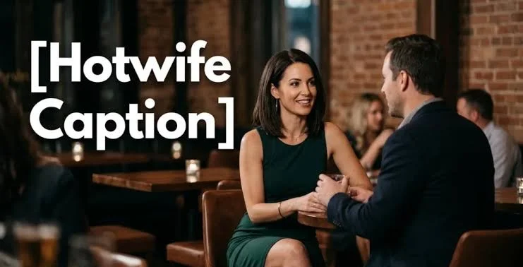 Couple holding hands at a restaurant table, overlaid with text reading "[Hotwife Captions]".