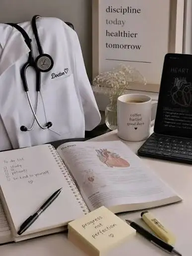 Aesthetic Instagram Bio for Medical Students with medical books, coffee, notes, and stethoscope