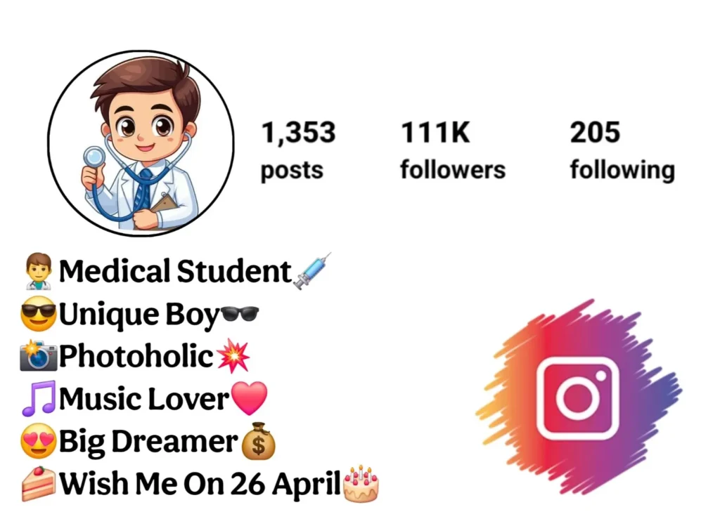 Stylish Instagram Bio for Medical Students featuring a confident medical student in scrubs