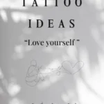 Vertical aesthetic graphic featuring text that reads "Love Tattoo Captions For Instagram: SMALL TATTOO IDEAS", the quote '"Love yourself"', a line-art illustration of a seated person connected to a heart outline, and Thai text at the bottom overlaying a soft leaf shadow background.