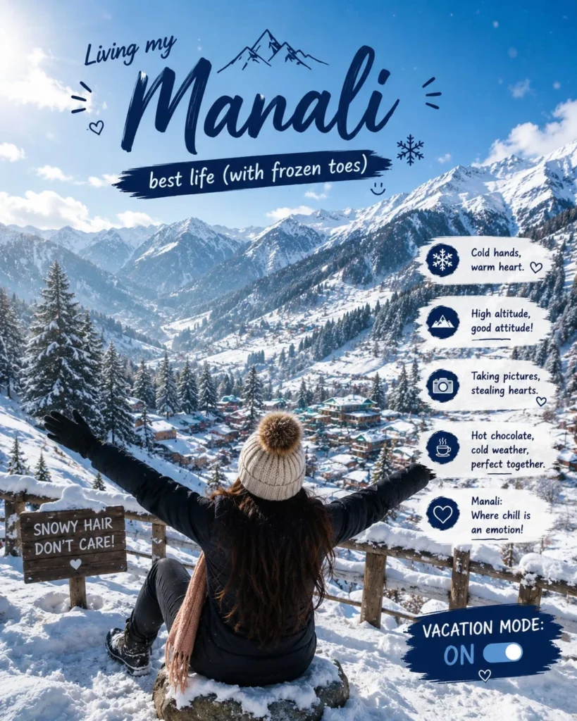 Snowy Manali mountain landscape with a traveller enjoying a winter vacation