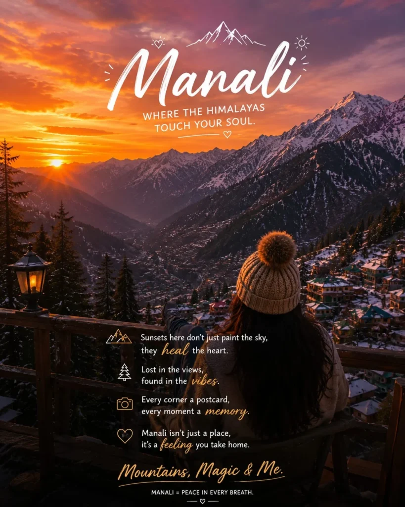  Manali sunset over Himalayan peaks with an aesthetic Instagram travel caption