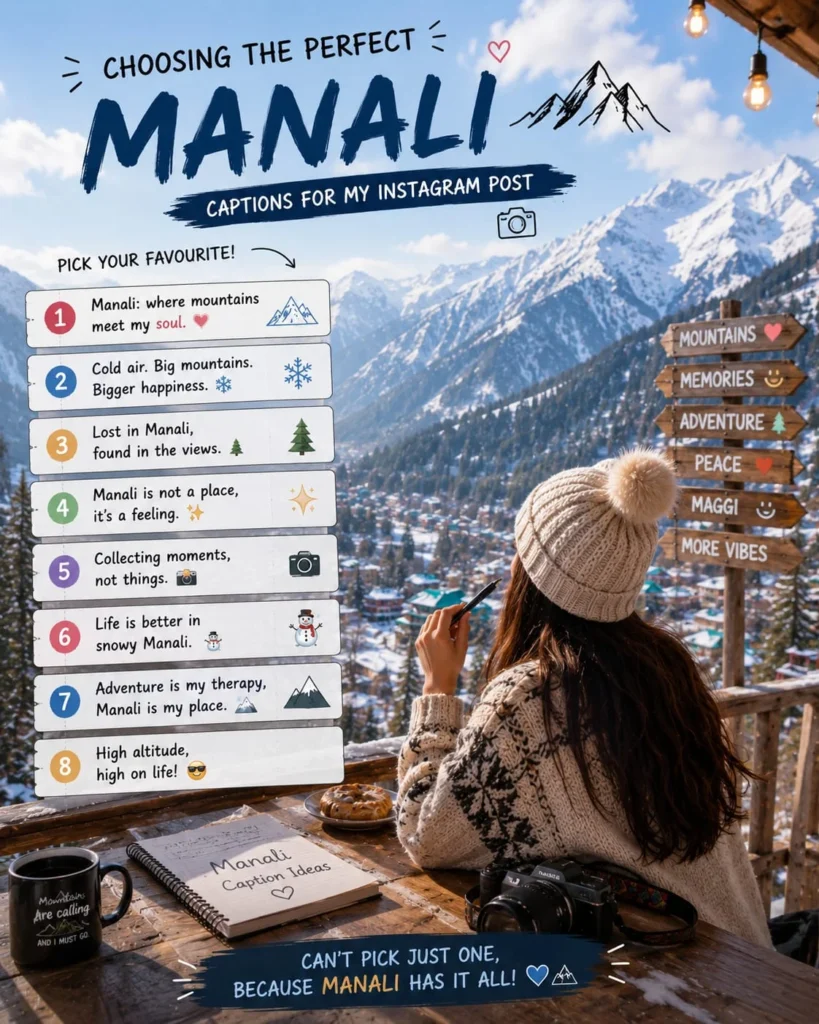  Traveller choosing the perfect Manali caption for an Instagram mountain travel post
