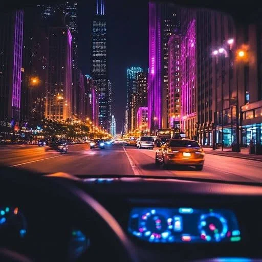 Aesthetic Night Ride Captions for Instagram paired with glowing city lights and a nighttime dashboard view