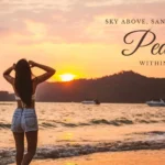 Woman standing on a beach at sunset facing the ocean, accompanied by text reading "Vacation Ending Instagram Captions: SKY ABOVE, SAND BELOW, Peace WITHIN."