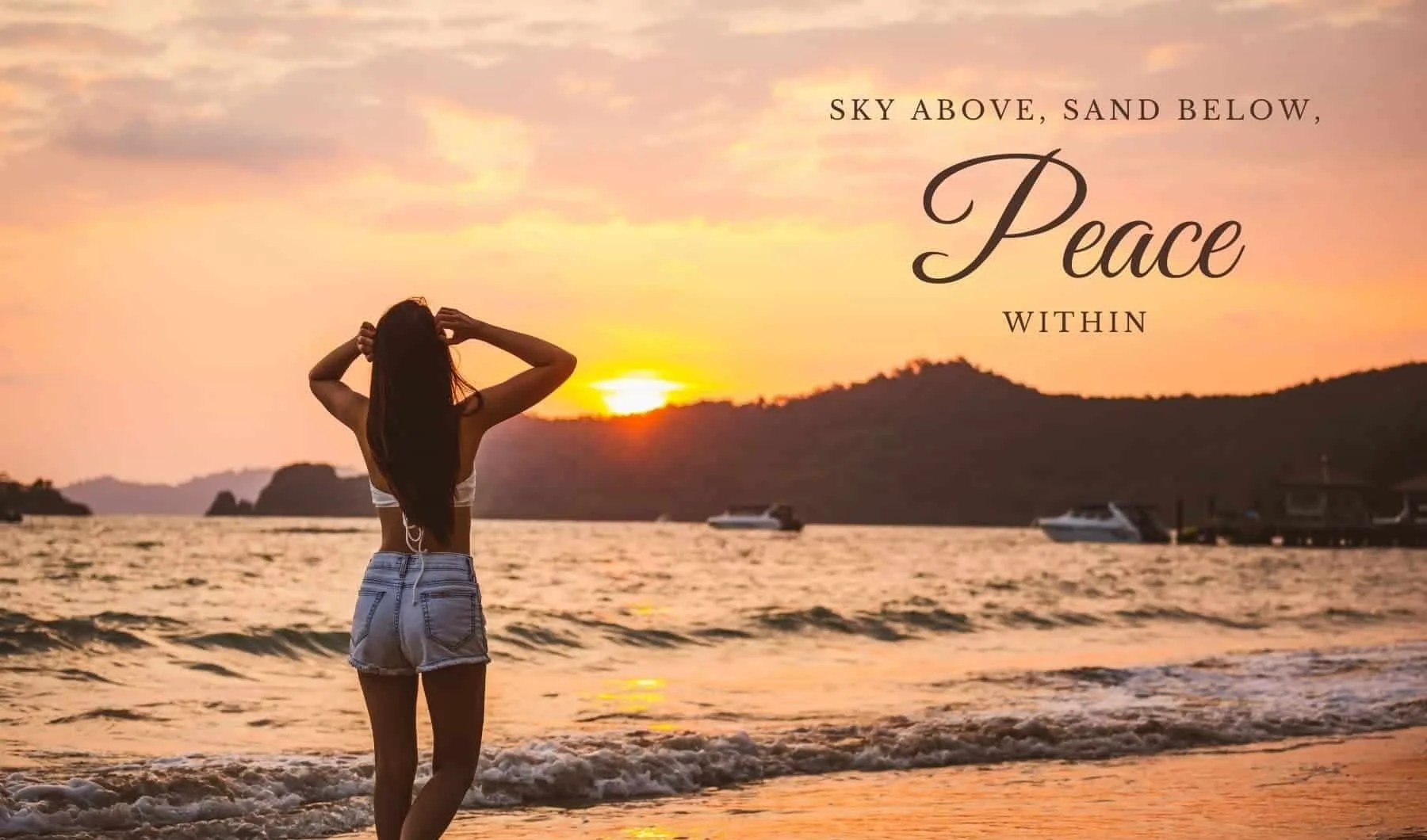Woman standing on a beach at sunset facing the ocean, accompanied by text reading "Vacation Ending Instagram Captions: SKY ABOVE, SAND BELOW, Peace WITHIN."