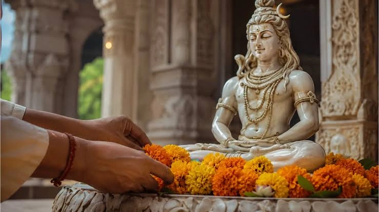 Devotional Caption For Mahadev with Shiva temple and prayer scene